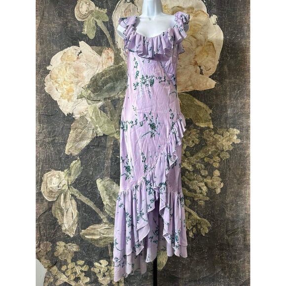 New CINQ À SEPT  Kersti Floral Print Asymmetric Silk Dress Purple Lilac Size 4 - Picture 7 of 8